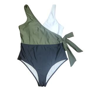 NWT Cupshe Olive Swimsuit Colorblock Tri Color Faux Wrap One Piece Large Vneck